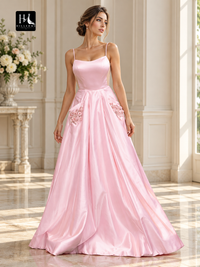 A-Line Satin Applique Spaghetti Straps Sleeveless Floor-Length Prom Dress