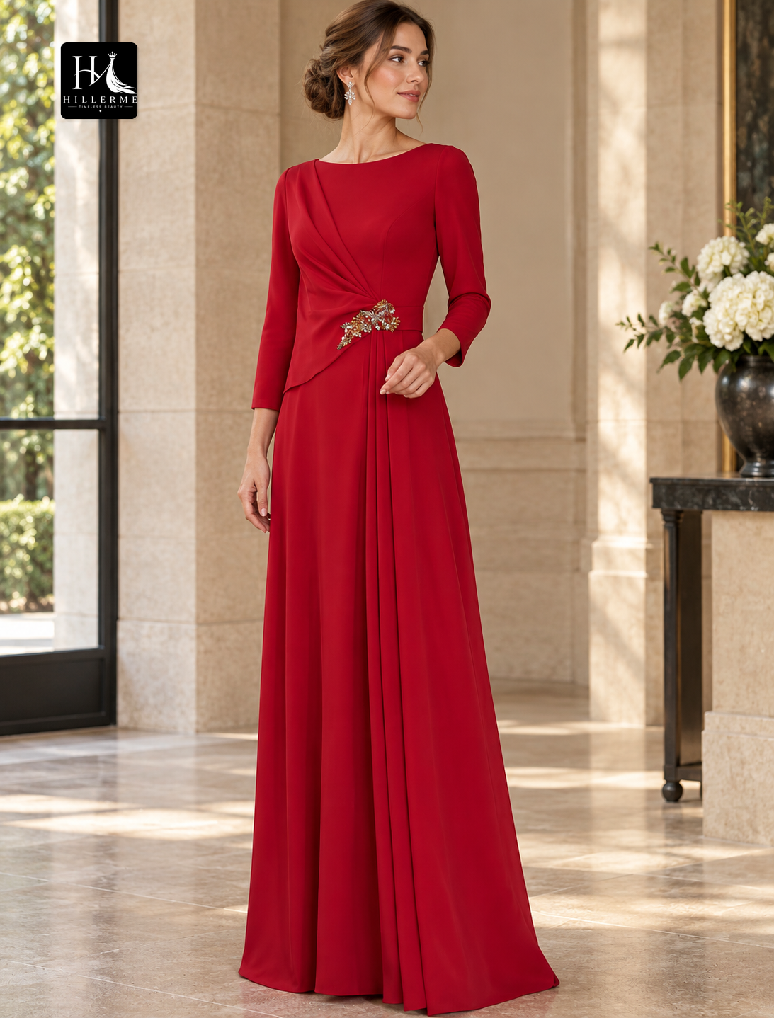 Ruched Jewel Neck Long Sleeve Column Stretch Chiffon Wedding Guest Dress