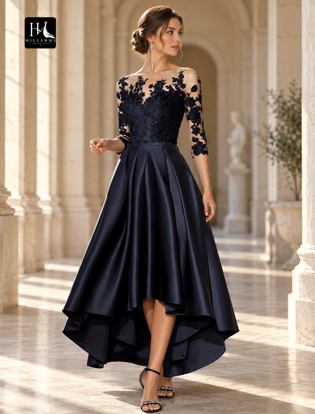 A-Line Scoop Neck High-Low Tea-Length Satin Mother of the Bride Dress with 3/4 Sleeves