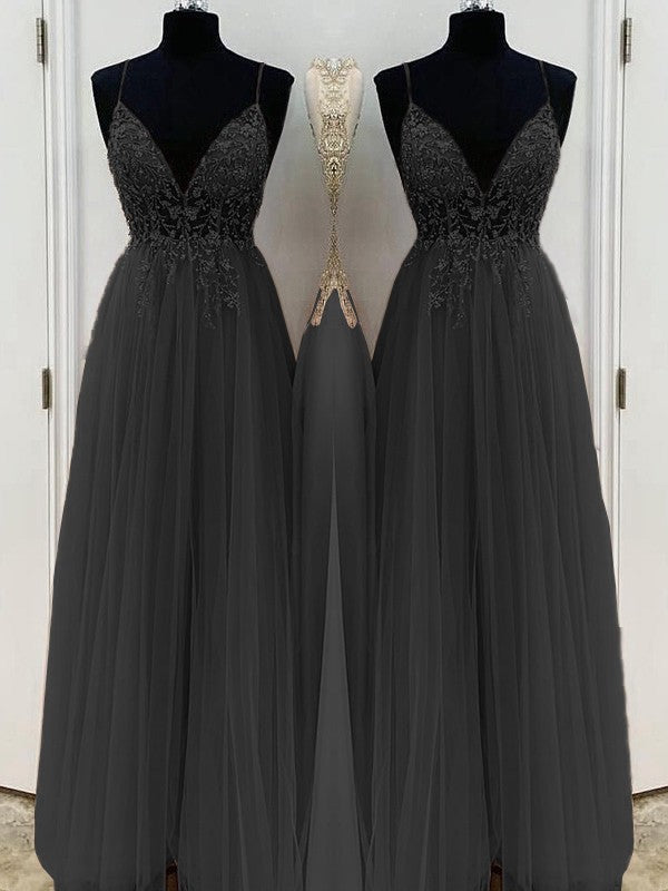 Black A-line beaded tulle floor-length prom dress with spaghetti straps