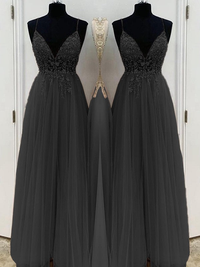 Black A-line beaded tulle floor-length prom dress with spaghetti straps