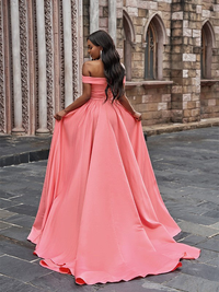 Back view of satin off-the-shoulder prom dress showing court train
