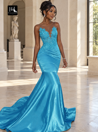 Trumpet/Mermaid Scoop Sleeveless Applique Silk-Like Satin Prom Dress with Sweep/Brush Train
