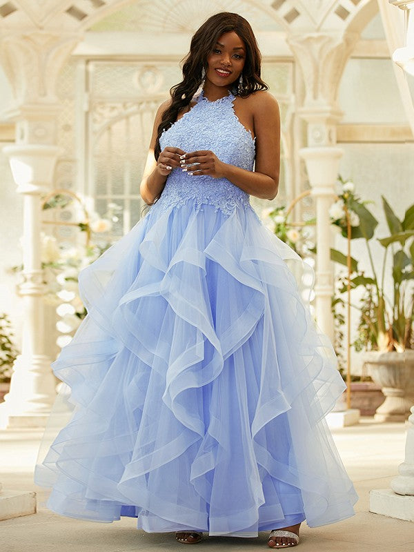Floor-length A-line tulle prom dress with halter neckline and appliques