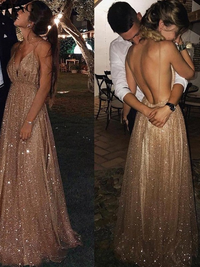 Sleeveless A-line paillette tulle V-neck floor-length prom dress