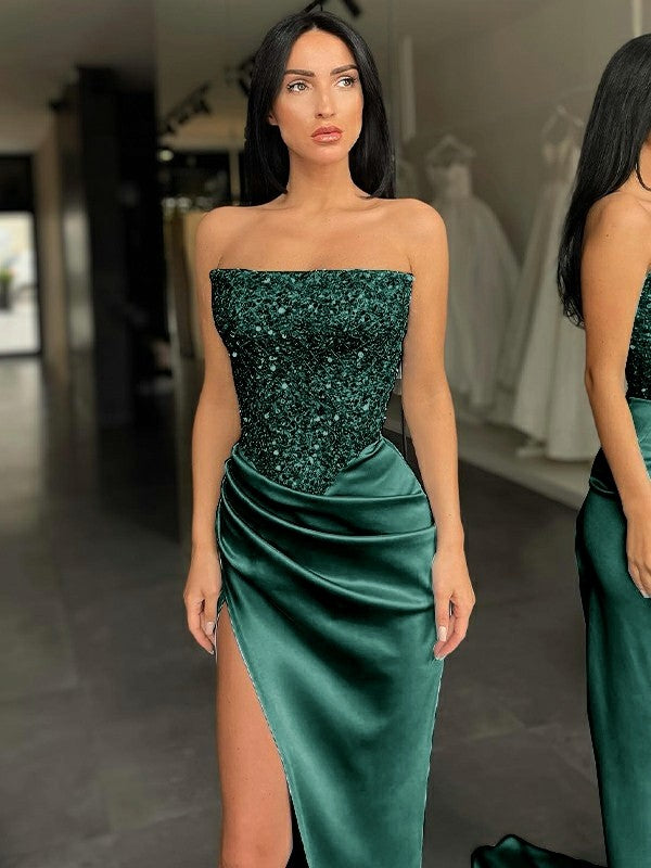 Sequin strapless sleeveless sheath prom dress with sweep train