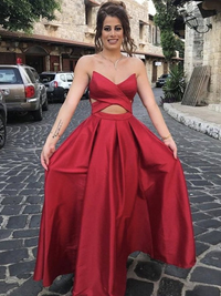 A-line sweetheart sleeveless satin floor-length prom dress with ruffles