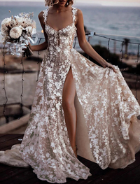 A-line lace wedding dress in ivory with sweetheart neckline, regular straps, appliques, and split front