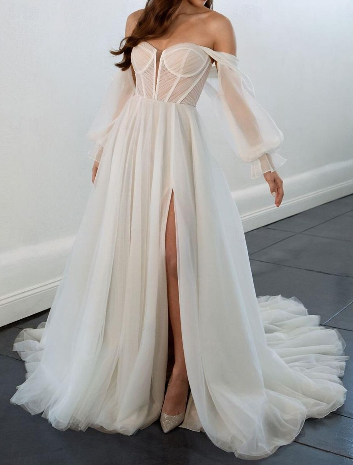 White chiffon wedding dress with court train and long sleeves