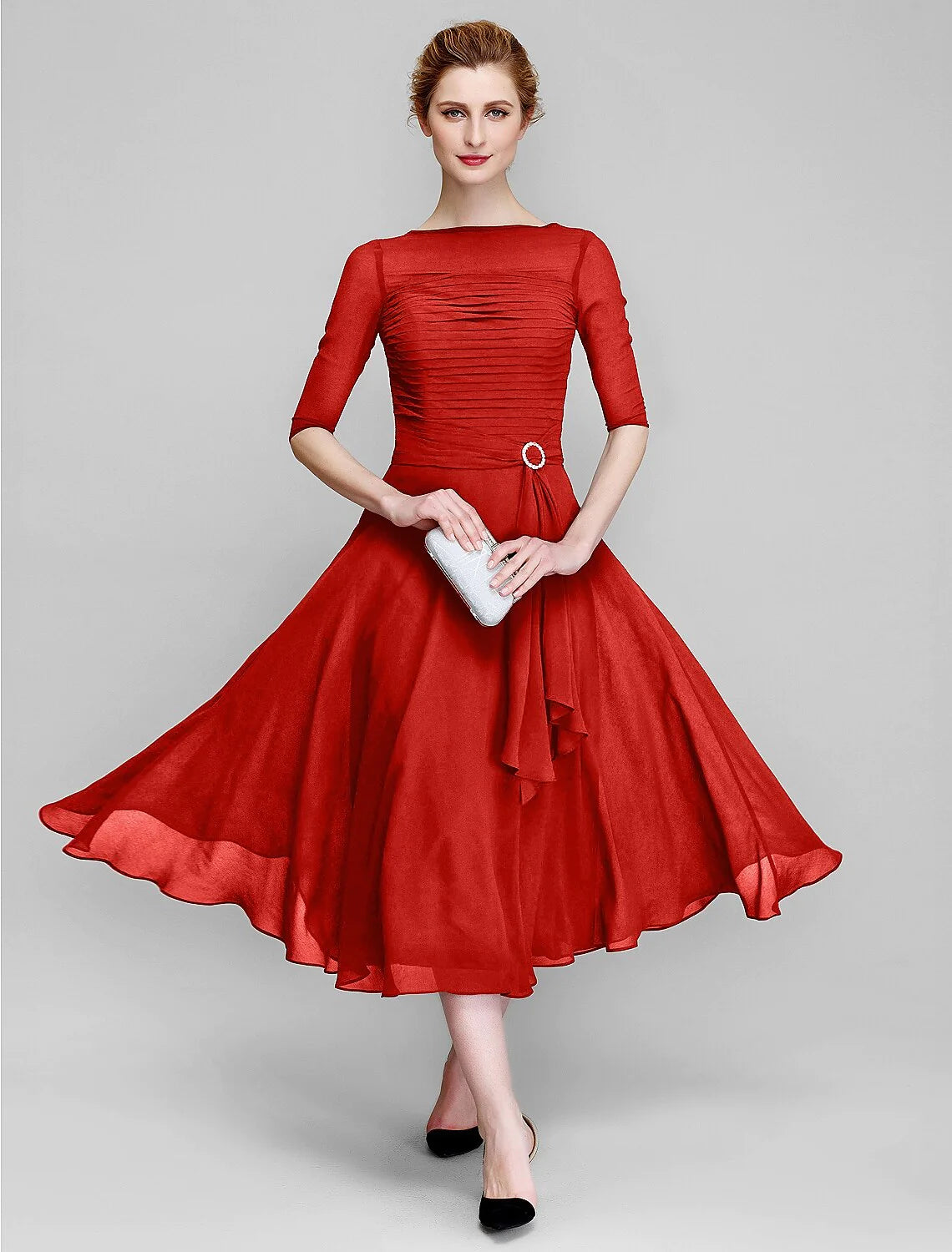 Elegant tea length chiffon mother of the bride dress with bateau neckline