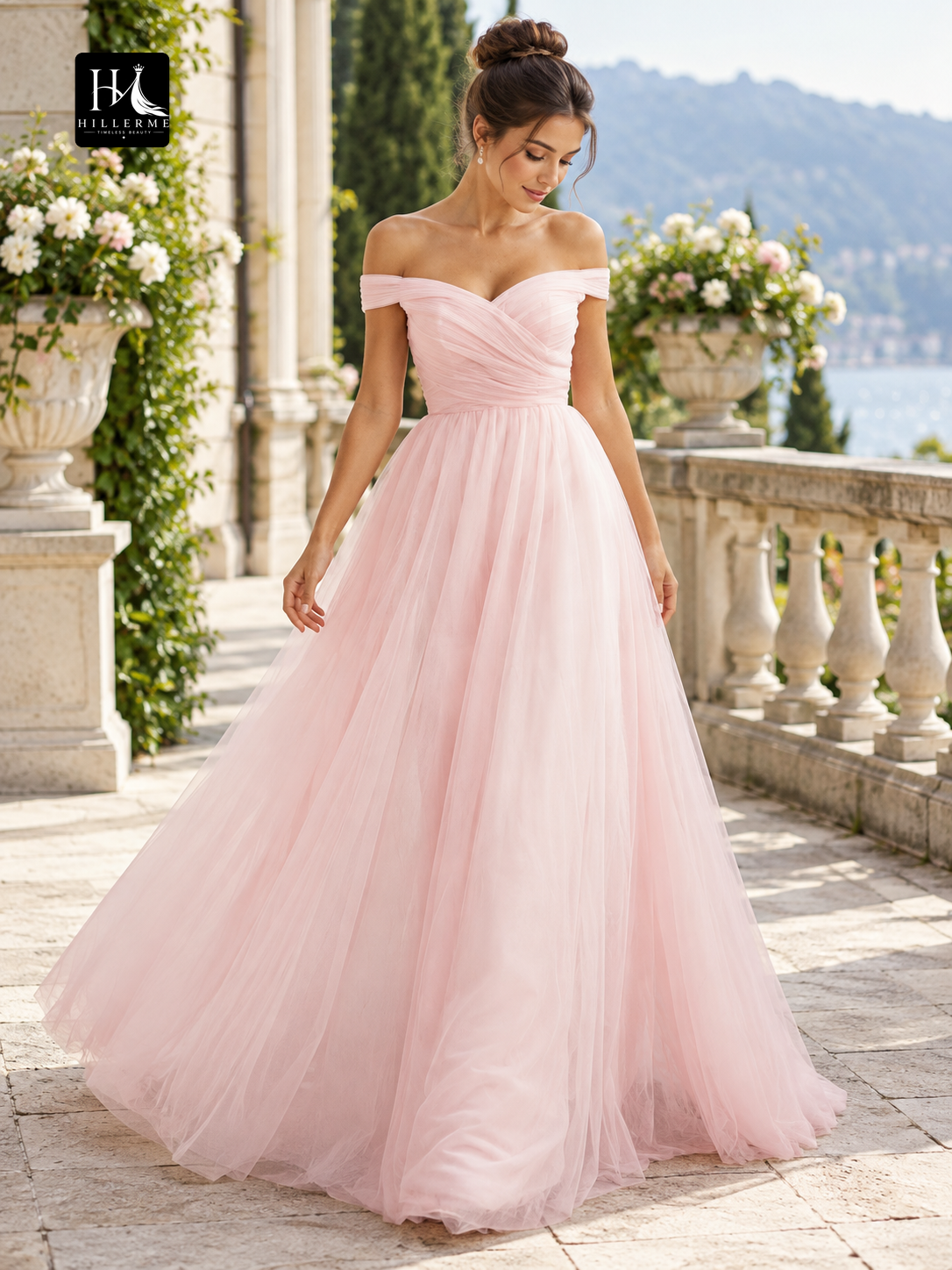 A-Line Off-the-Shoulder Ruched Tulle Floor-Length Prom Dress