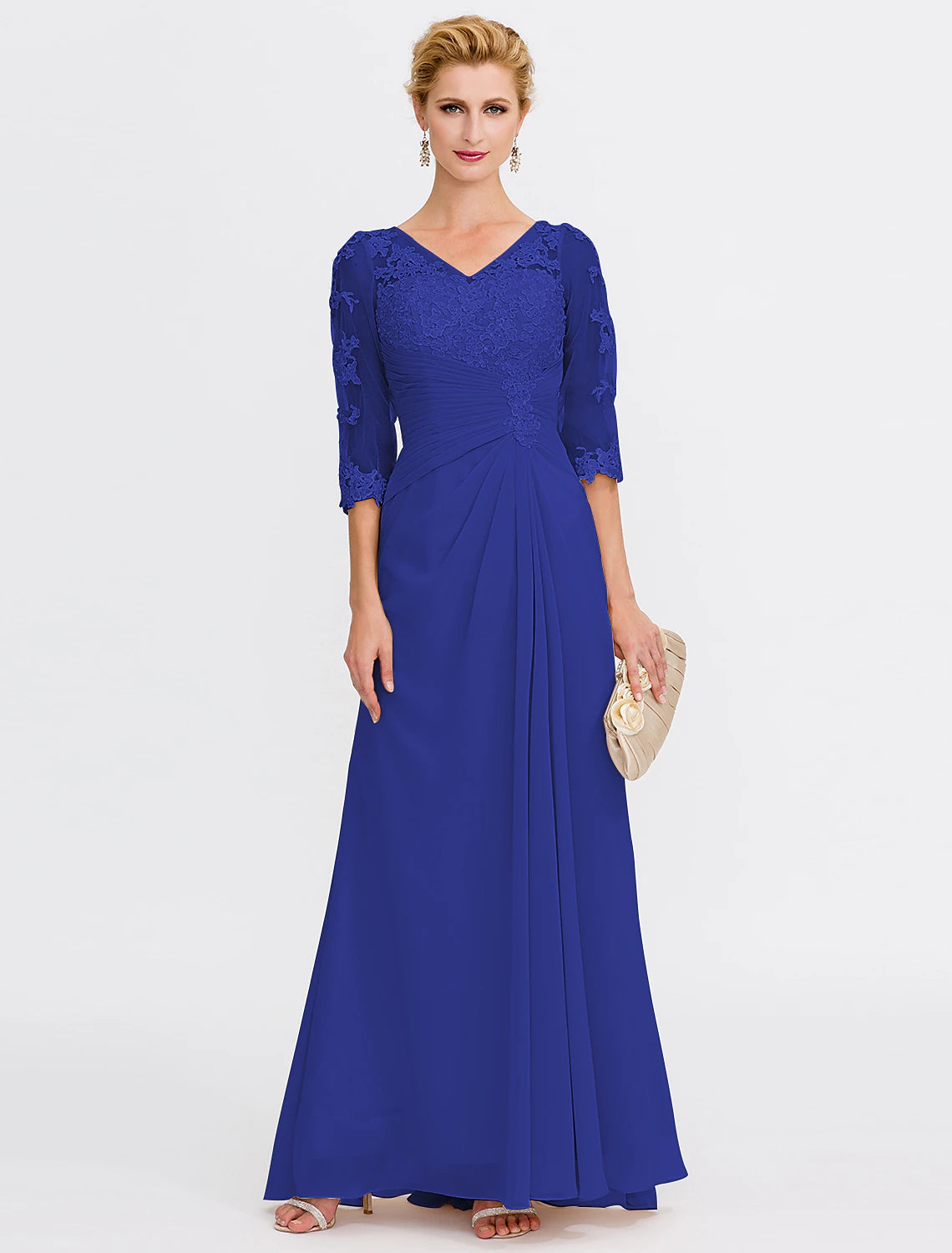 Royal Blue A-line chiffon mother of the bride dress with V-neck and half sleeves