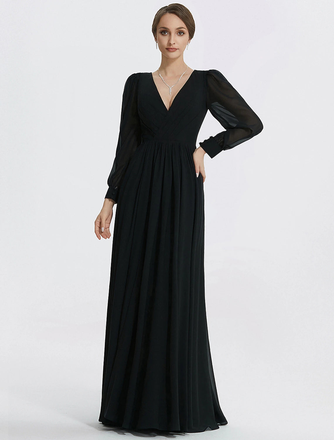 A-line floor-length chiffon evening gown with long sleeves and a V-neckline