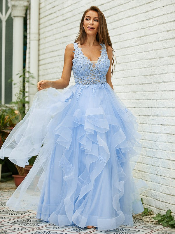 Tulle and lace A-line V-neck sleeveless floor-length prom dress