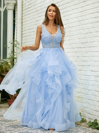 Tulle and lace A-line V-neck sleeveless floor-length prom dress