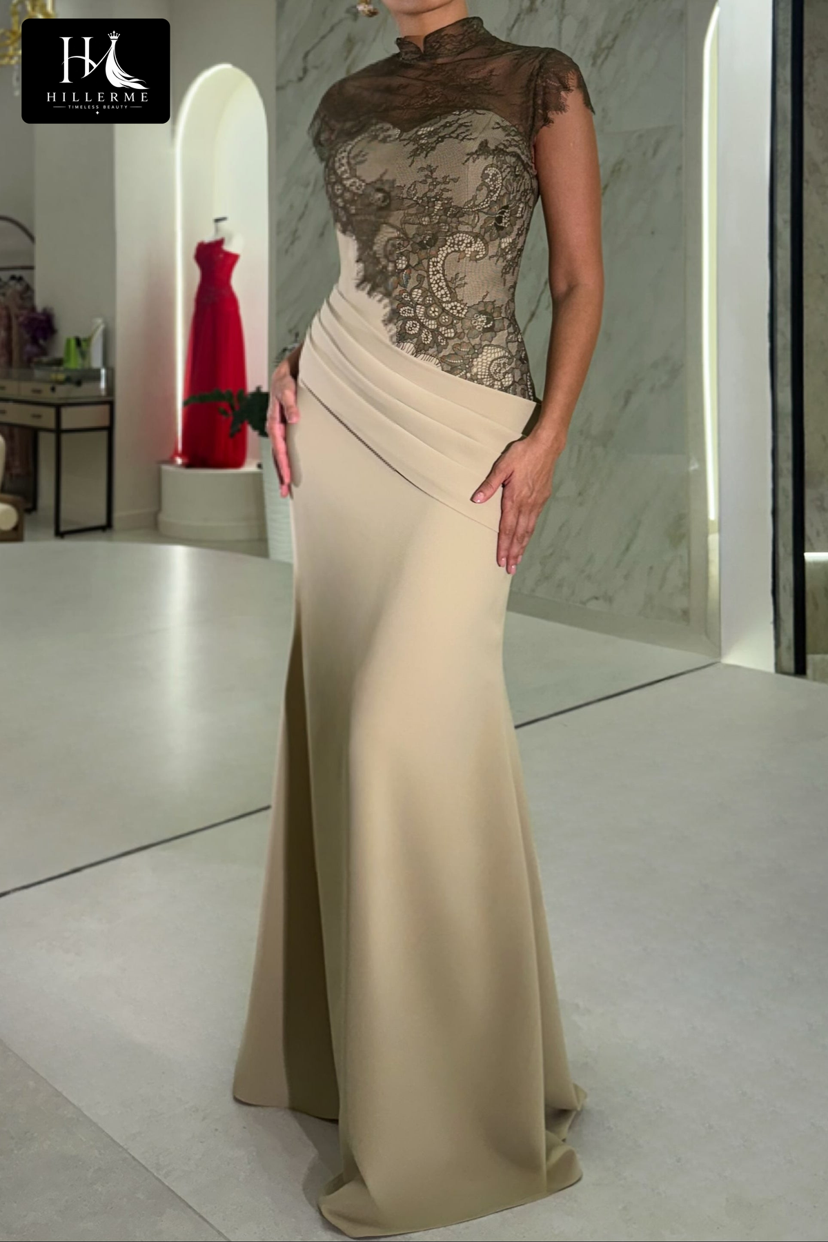 Sheer Lace High-Neck Mermaid Evening Gown with Satin Train