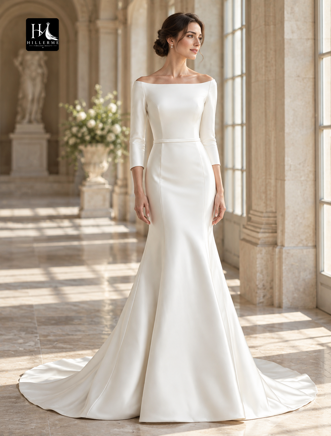 Off-the-Shoulder 3/4 Sleeve Pleated Satin Mermaid Wedding Dress with Chapel Train