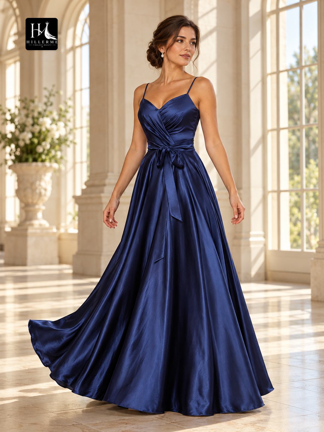 A-Line V-Neck Sleeveless Silk-Like Satin Floor-Length Prom Dress with Ruffles
