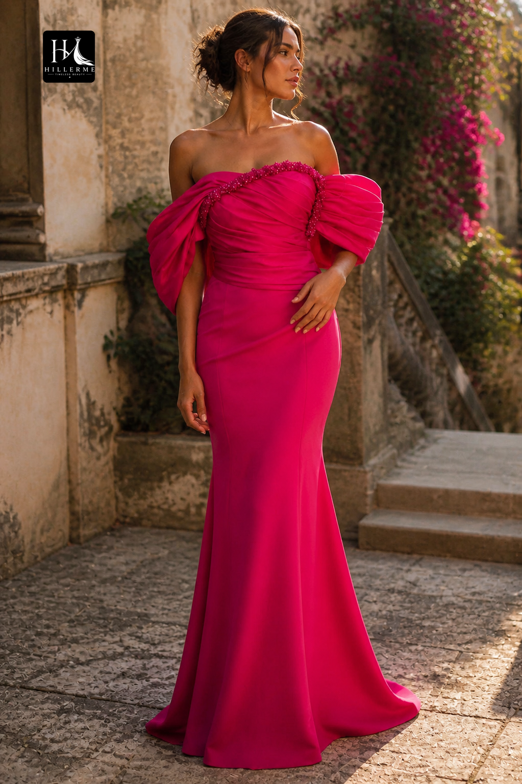 Fuchsia Beaded Mermaid Evening Gown with Draped Sleeves