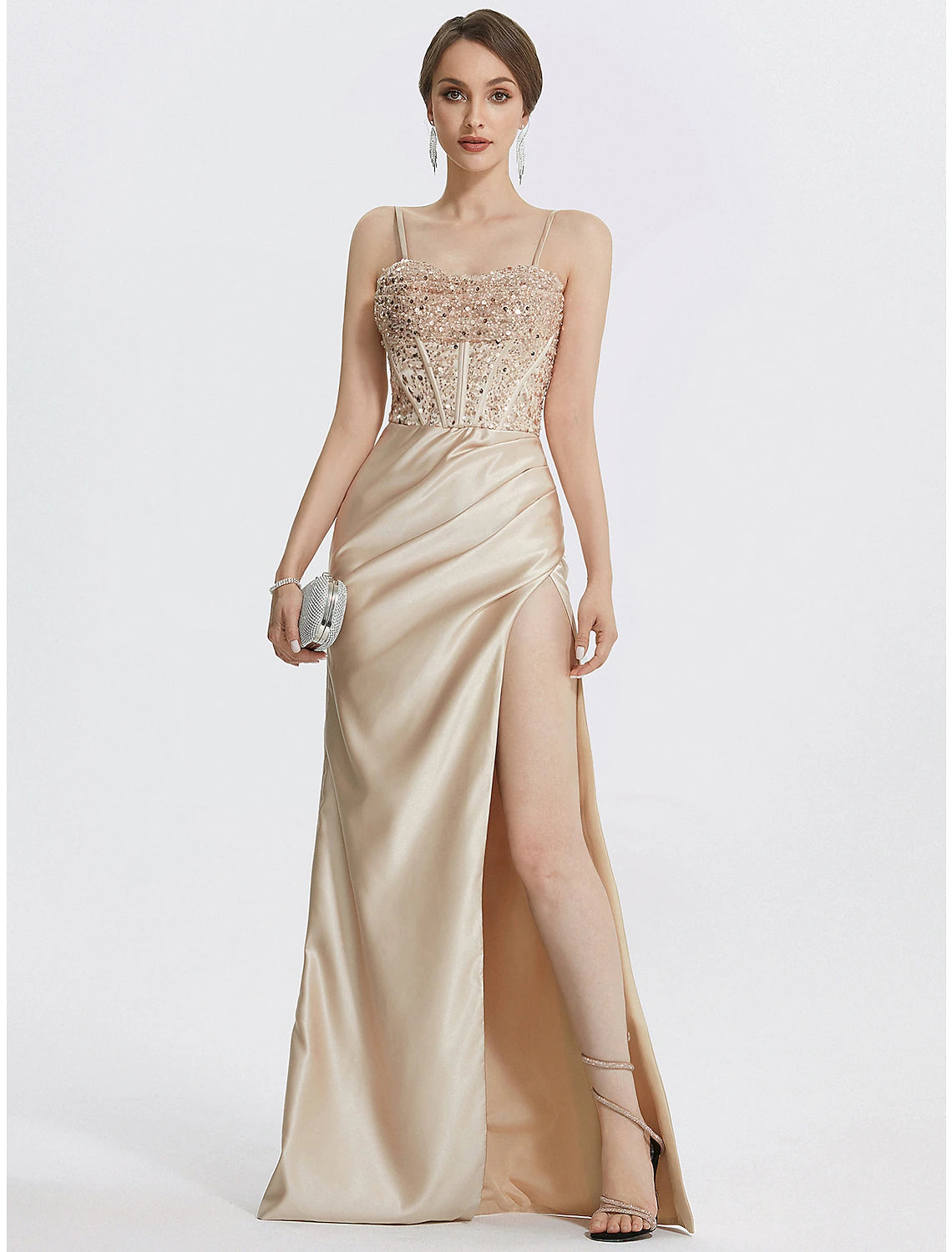 Square neck 3/4 sleeve tea-length sheath dress crafted from stretch fabric with feather trim