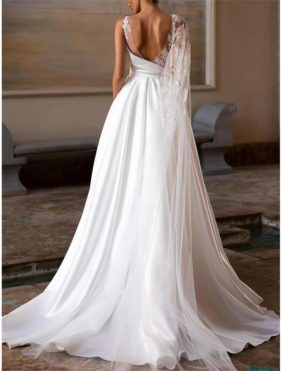 Off-the-shoulder ruched satin wedding gown with regular straps in ivory