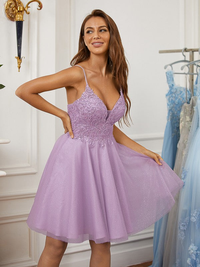 A-line princess lace sleeveless short mini prom dress