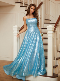 Ruffled sequined A-line prom dress with spaghetti straps and sweep train