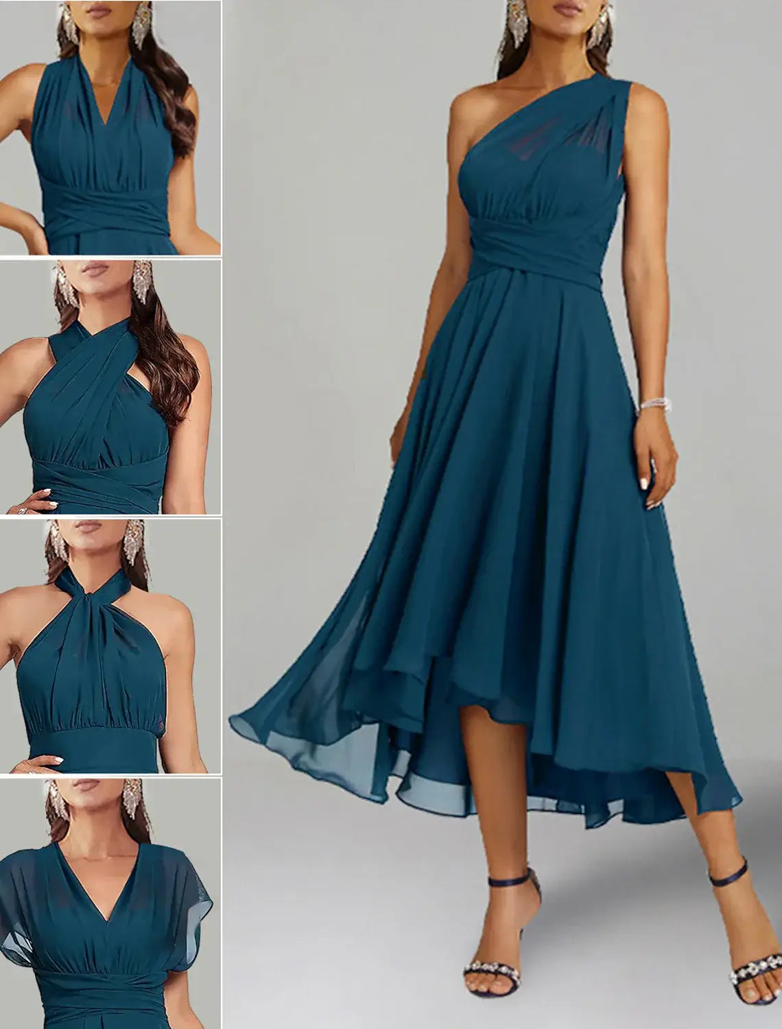 Ruched detailing on one-shoulder sleeveless chiffon wedding guest dress bodice