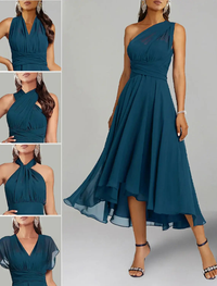 Ruched detailing on one-shoulder sleeveless chiffon wedding guest dress bodice
