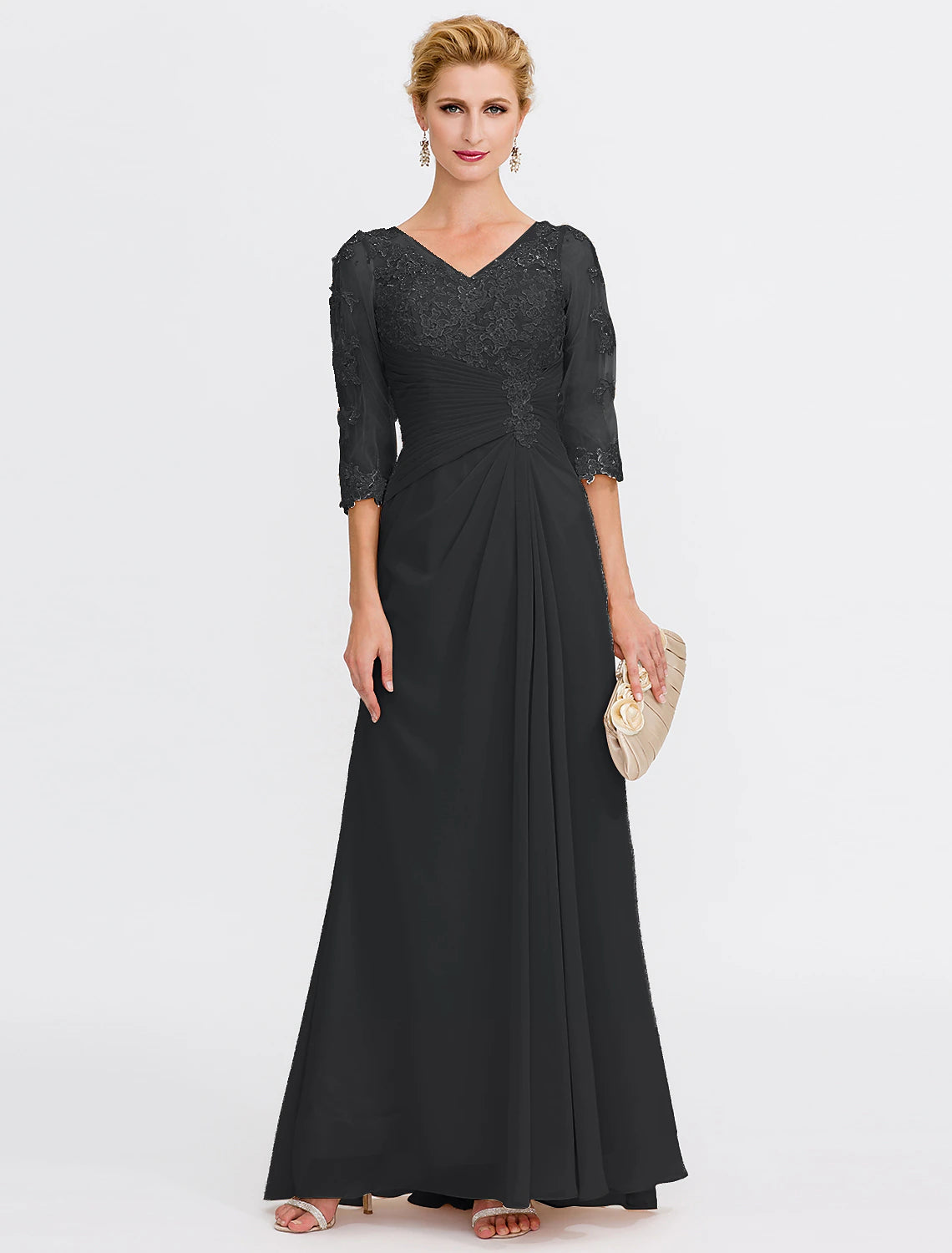 Black A-line chiffon mother of the bride dress with V-neck and half sleeves