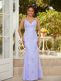 Sheath/column tulle applique V-neck sleeveless floor-length prom dress
