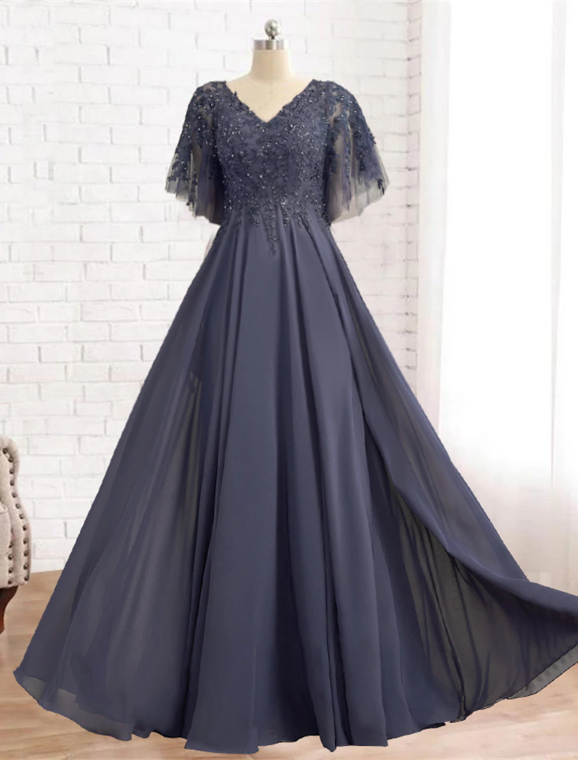 Floor-length chiffon and lace mother of the bride dress with short sleeves and pleats