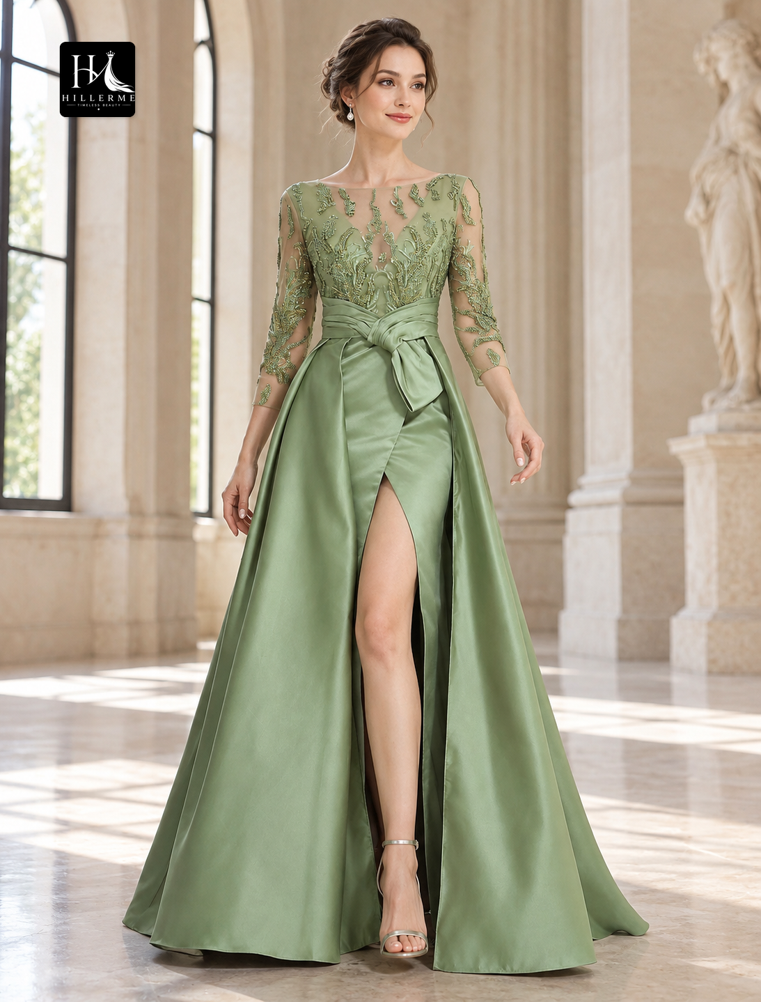 A-Line Jewel Neck Satin Evening Gown with 3/4 Sleeves and Slit