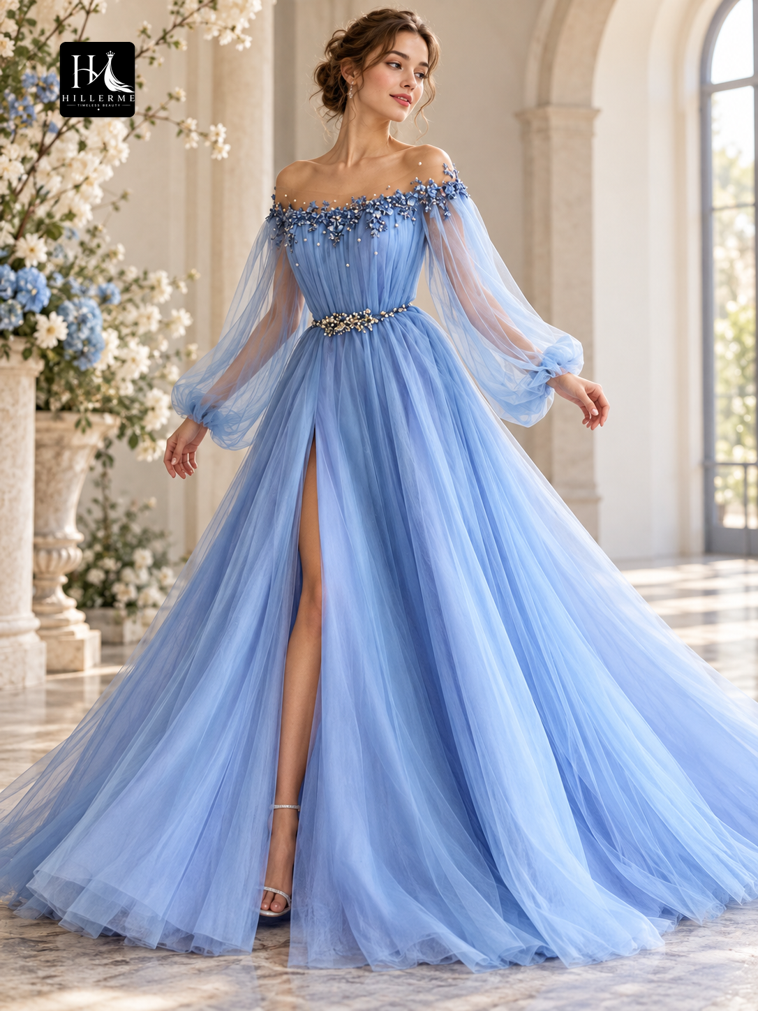 Off-the-Shoulder Long Sleeve Beaded Tulle A-Line Floor-Length Prom Dress