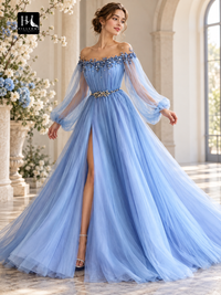 Off-the-Shoulder Long Sleeve Beaded Tulle A-Line Floor-Length Prom Dress