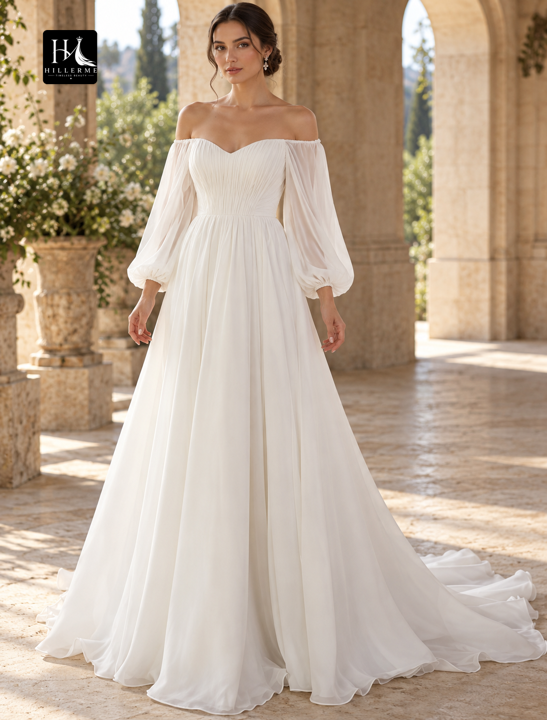 Vintage Off-the-Shoulder Long Sleeve Chiffon Wedding Dress with Beading and Court Train