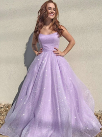 Sleeveless square neck A-line tulle floor-length prom dress with ruffles