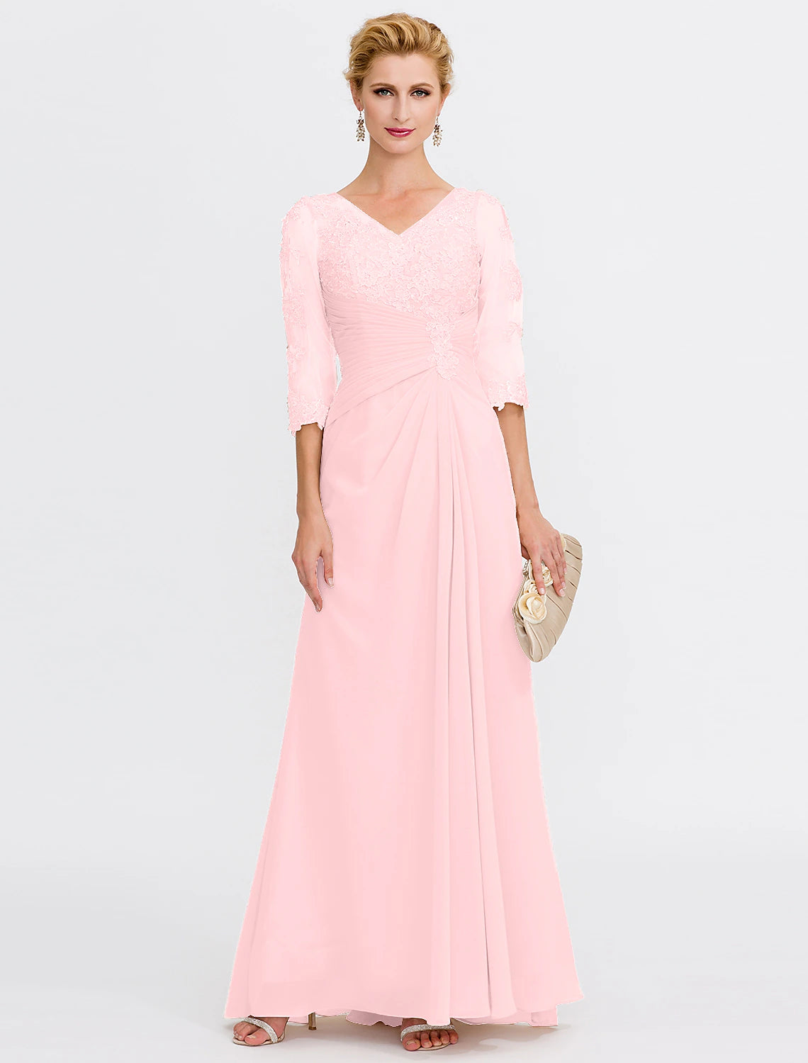 Candy Pink A-line chiffon mother of the bride dress with V-neck and half sleeves