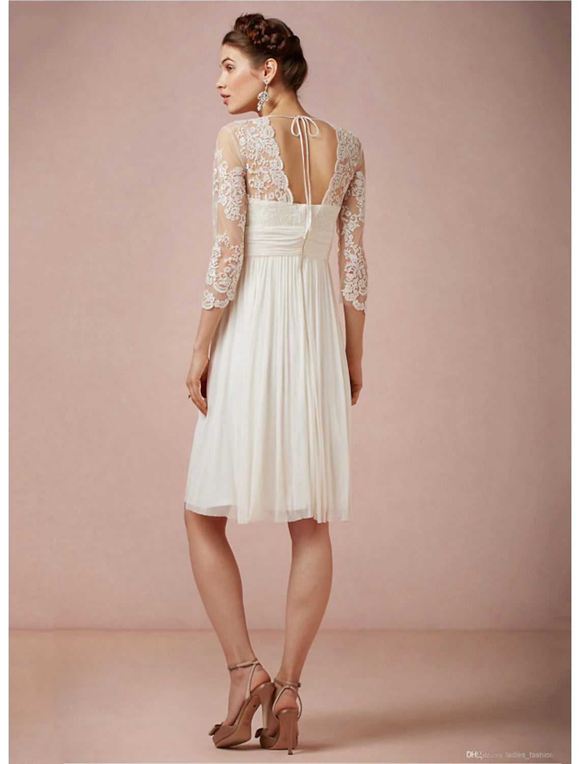 Tea length tulle sheath wedding dress with square neck and off shoulder long sleeves in ivory