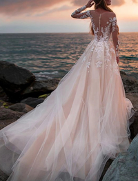 White lace bridal gown featuring open back detail and court train with appliques