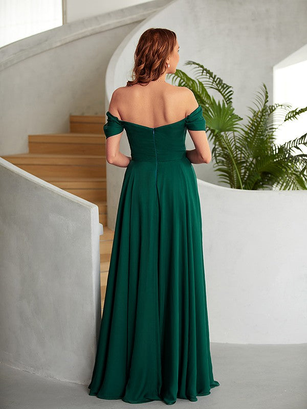 Ruched bodice and off-the-shoulder neckline on 30D chiffon A-line prom dress