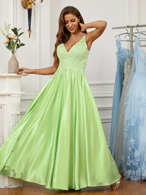 A-line V-neck floor-length prom dress in elastic woven satin and lace