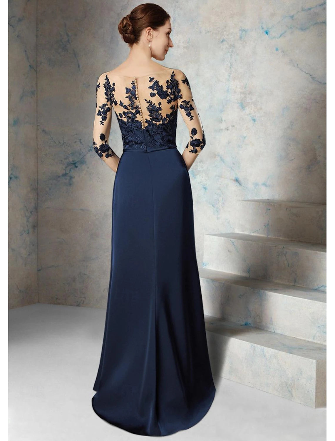 Dark Navy sheath floor-length chiffon mother of the bride dress with 3/4 sleeves and appliques