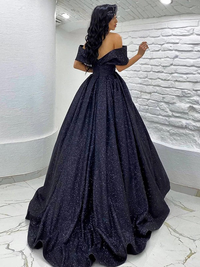 Sleeveless off-the-shoulder ruched ball gown prom dress with sweep/brush train