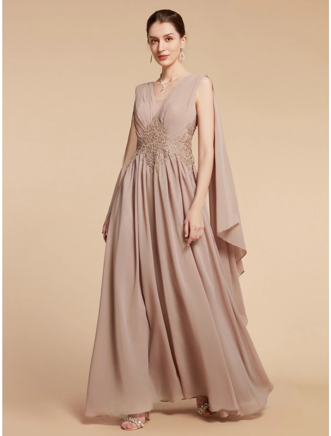 Sleeveless ankle-length A-line mother of the bride dress with ruched chiffon lace