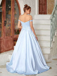 Beaded satin off-the-shoulder ball gown prom dress featuring sweep/brush train