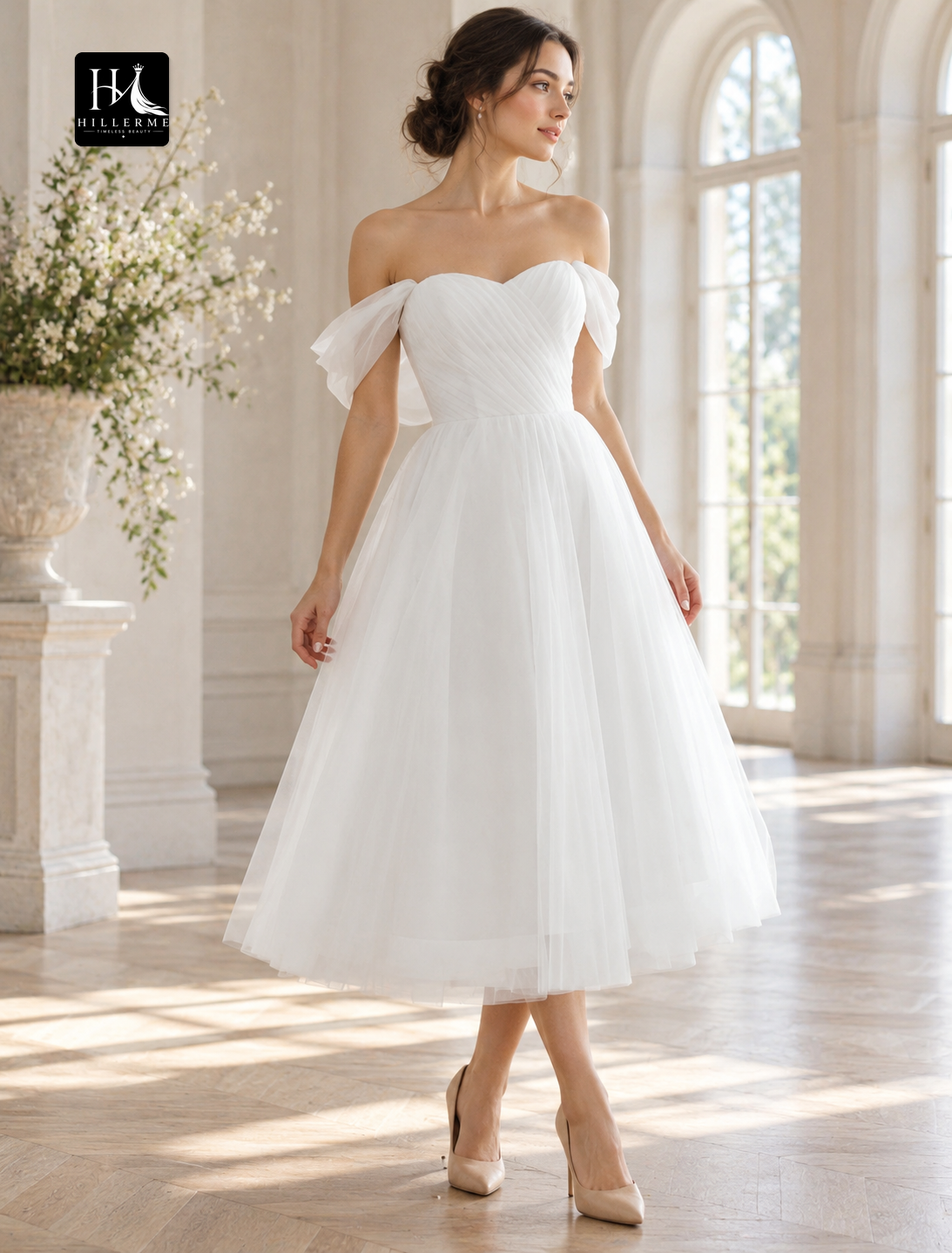 Off-the-Shoulder Ruched Tea-Length Chiffon A-Line Wedding Dress