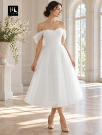 Off-the-Shoulder Ruched Tea-Length Chiffon A-Line Wedding Dress