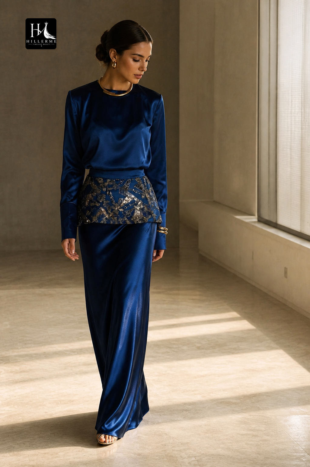 Satin Evening Gown with Sequin-Wrapped Waistband and Long Sleeves
