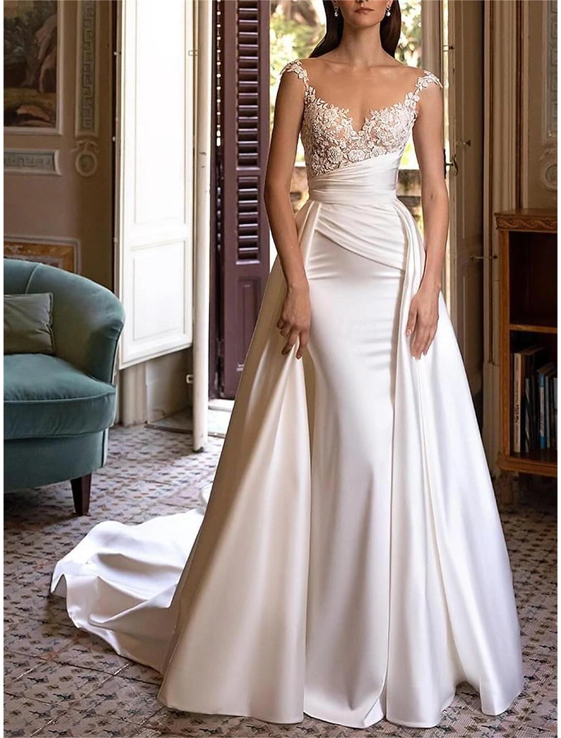 Off-the-shoulder V-neck satin ball gown wedding dress in Ivory with ruched pleats